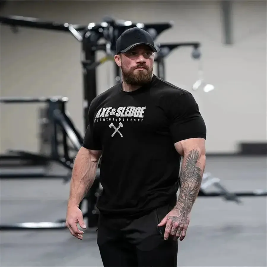 2022 new men summer Oversized T-shirt Fashion Gym Singlet Cotton Loose Bodybuilding Fitness Round Neck Printed Short Sleeve