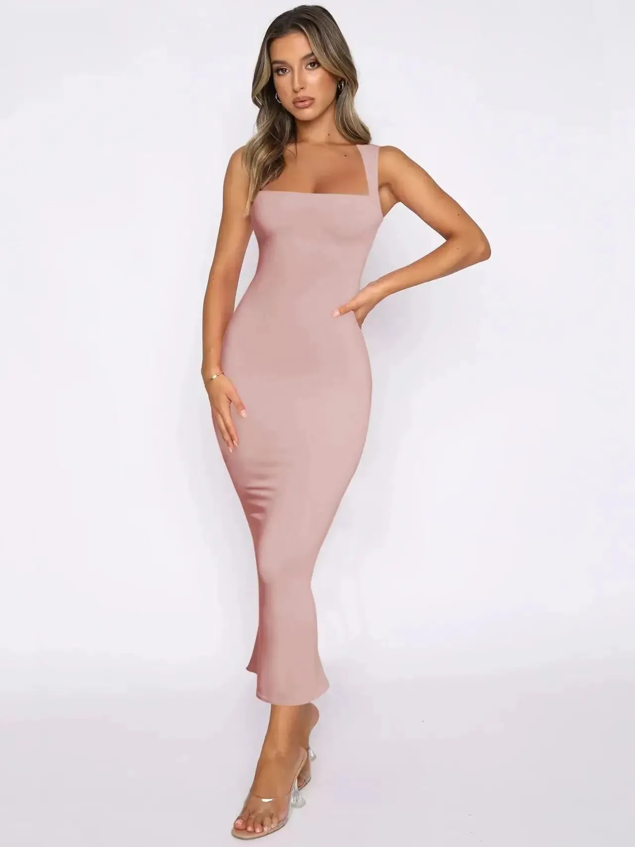 2024 Summer New Sleeveless Slit Slim Solid Color Sexy Cover Buttock Elegant Pretty Dress