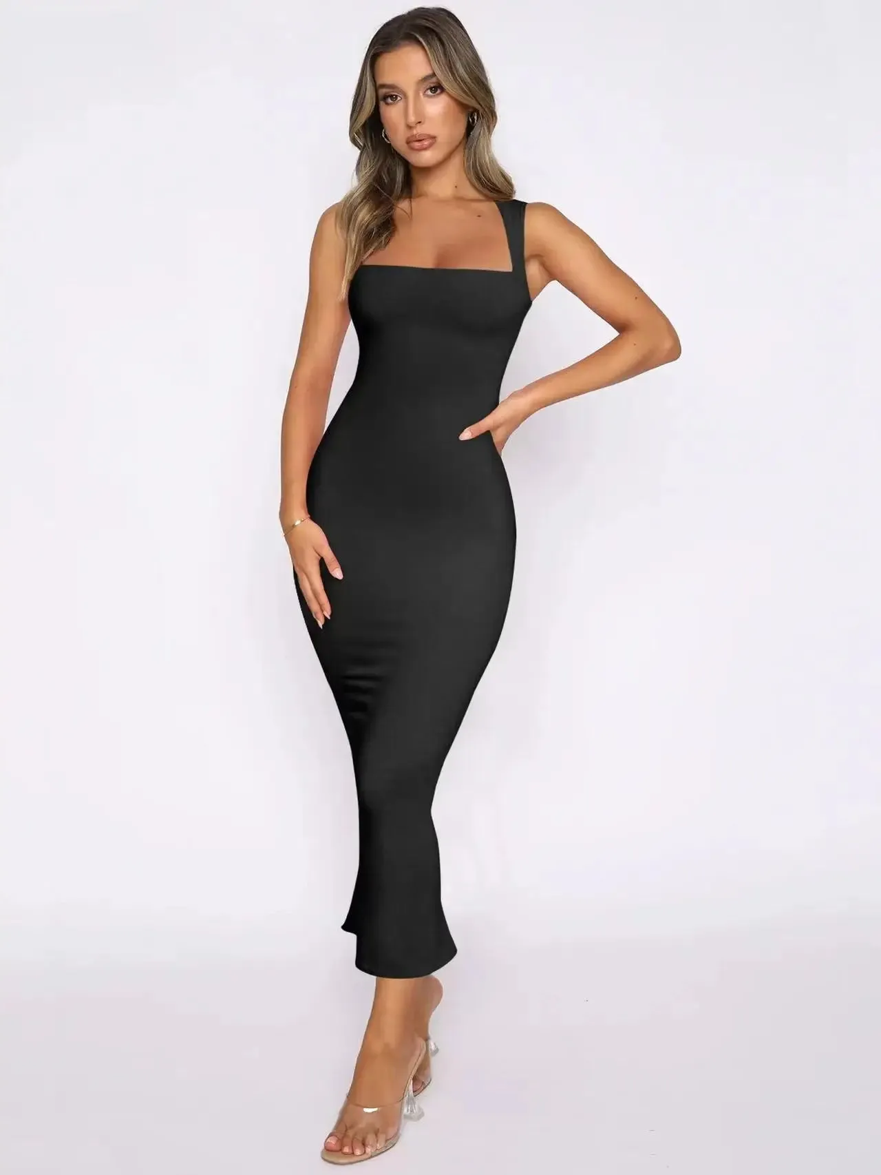 2024 Summer New Sleeveless Slit Slim Solid Color Sexy Cover Buttock Elegant Pretty Dress