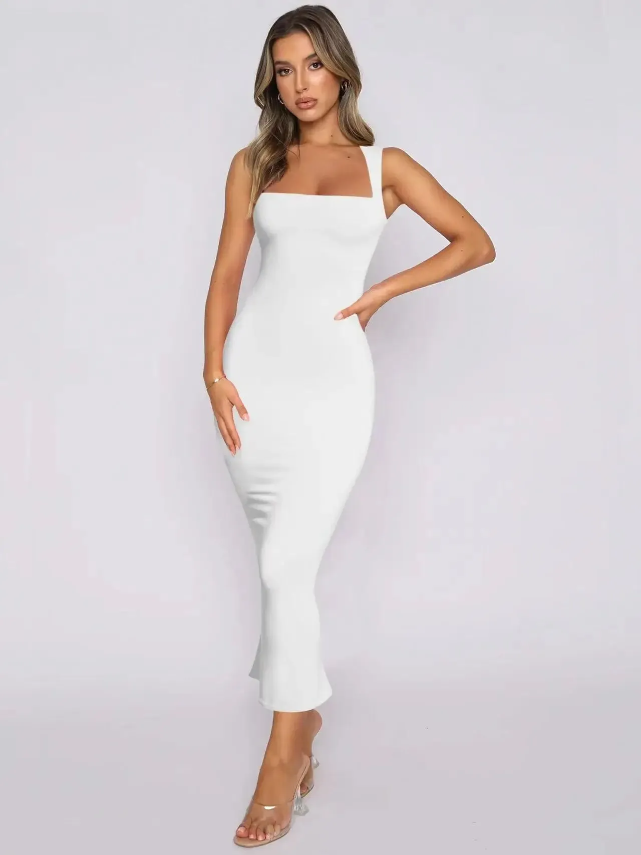 2024 Summer New Sleeveless Slit Slim Solid Color Sexy Cover Buttock Elegant Pretty Dress