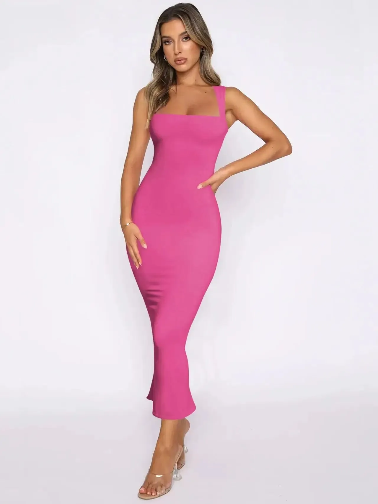 2024 Summer New Sleeveless Slit Slim Solid Color Sexy Cover Buttock Elegant Pretty Dress