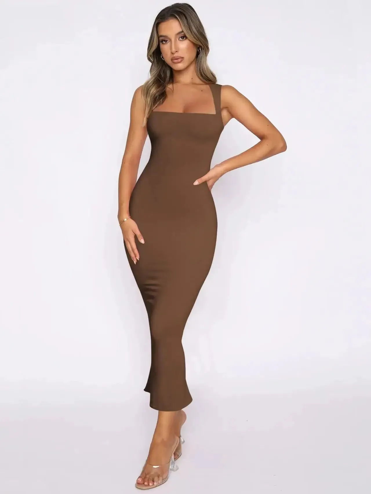 2024 Summer New Sleeveless Slit Slim Solid Color Sexy Cover Buttock Elegant Pretty Dress
