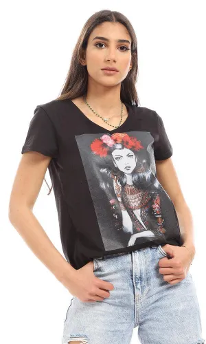 56811 Printed Casual Short Sleeves T-Shirt - Black