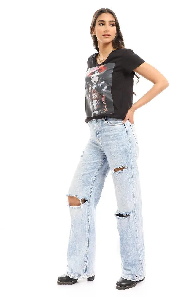 56811 Printed Casual Short Sleeves T-Shirt - Black
