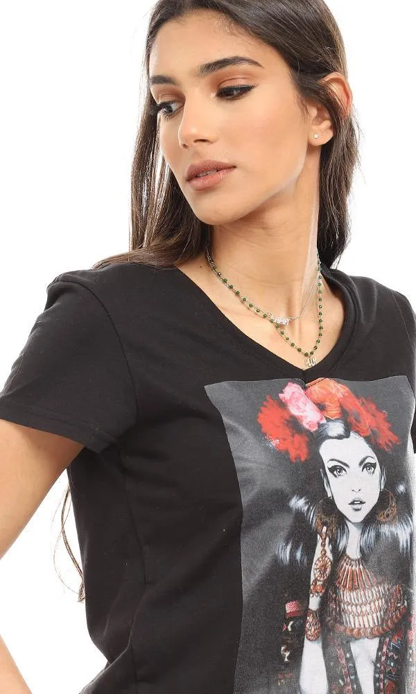 56811 Printed Casual Short Sleeves T-Shirt - Black