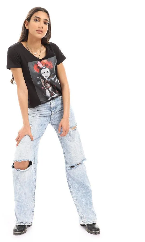 56811 Printed Casual Short Sleeves T-Shirt - Black