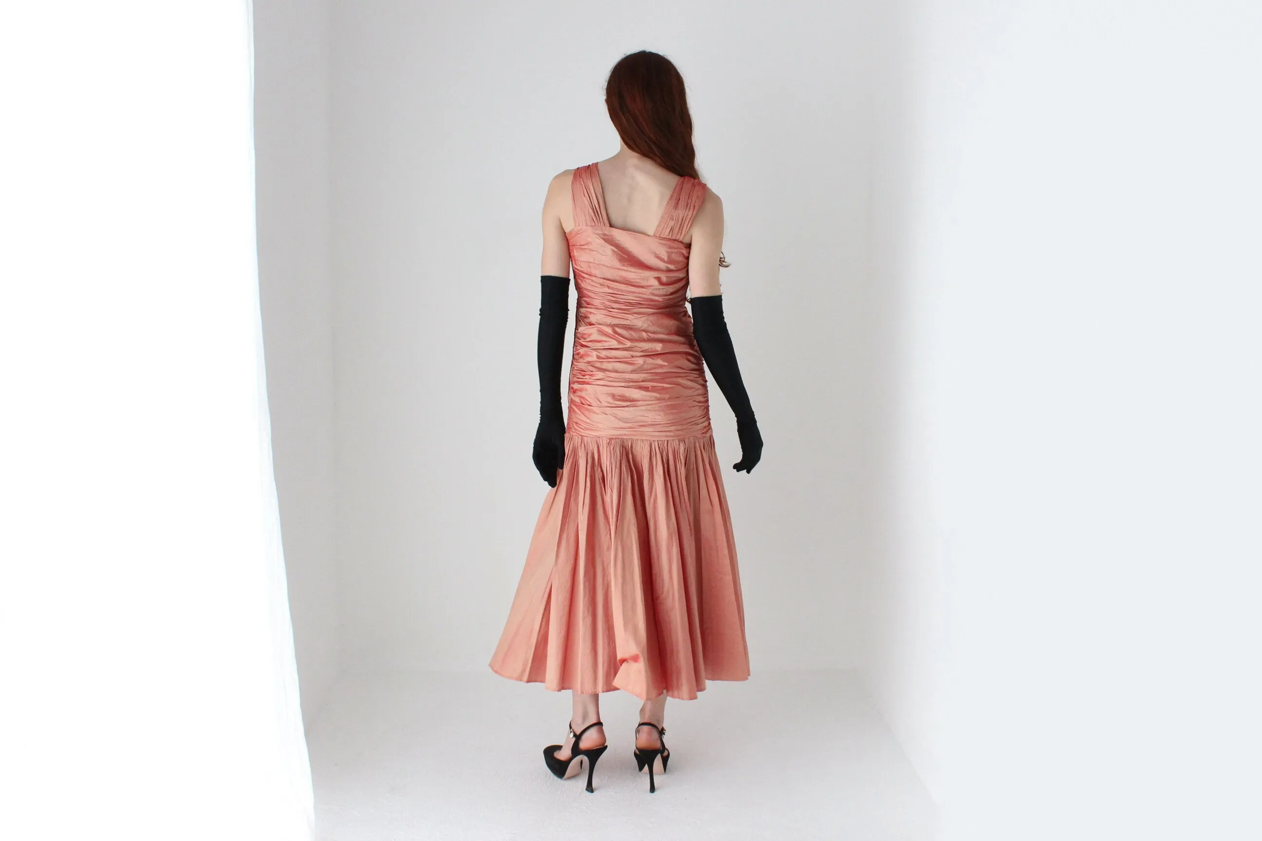 80s Shimmering Raw Silk Gathered Textural Dropwaist Cocktail Dress