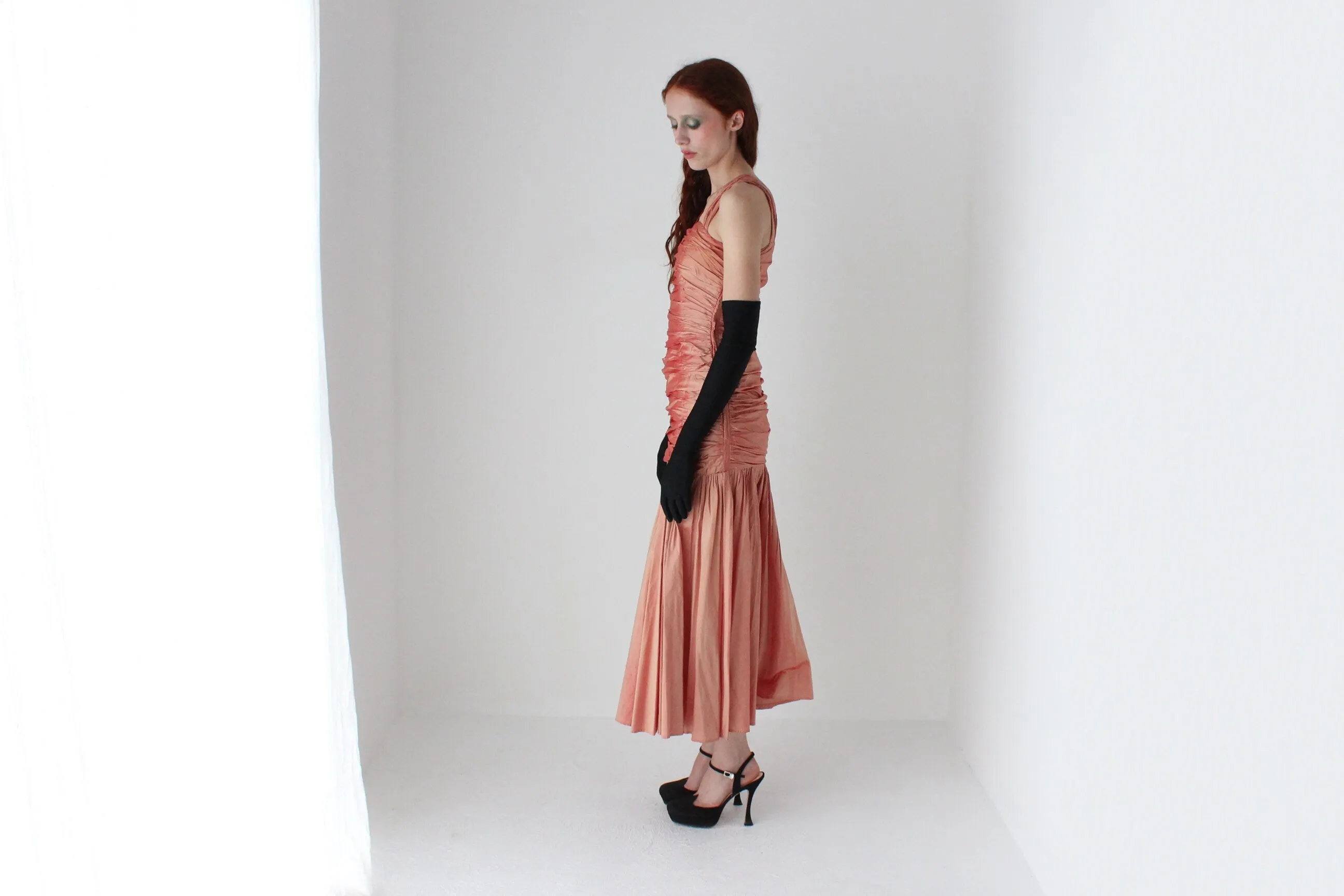 80s Shimmering Raw Silk Gathered Textural Dropwaist Cocktail Dress
