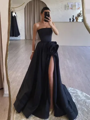 A-Line Satin Strapless Black Long Prom Dress Formal Dress With Slit