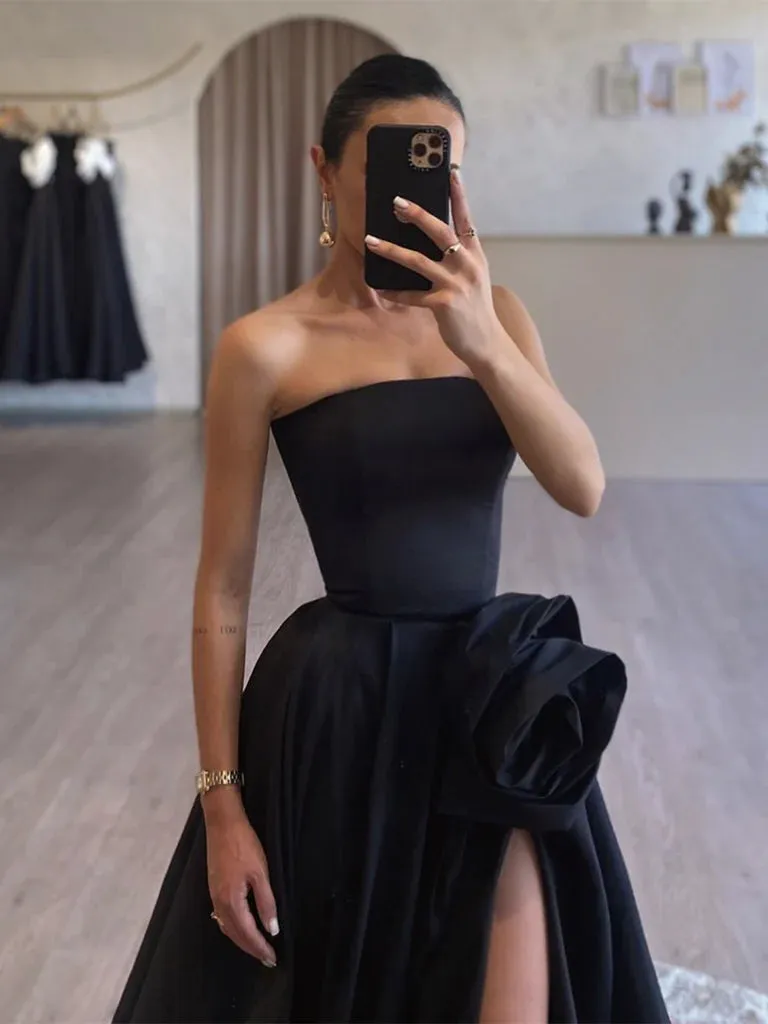 A-Line Satin Strapless Black Long Prom Dress Formal Dress With Slit