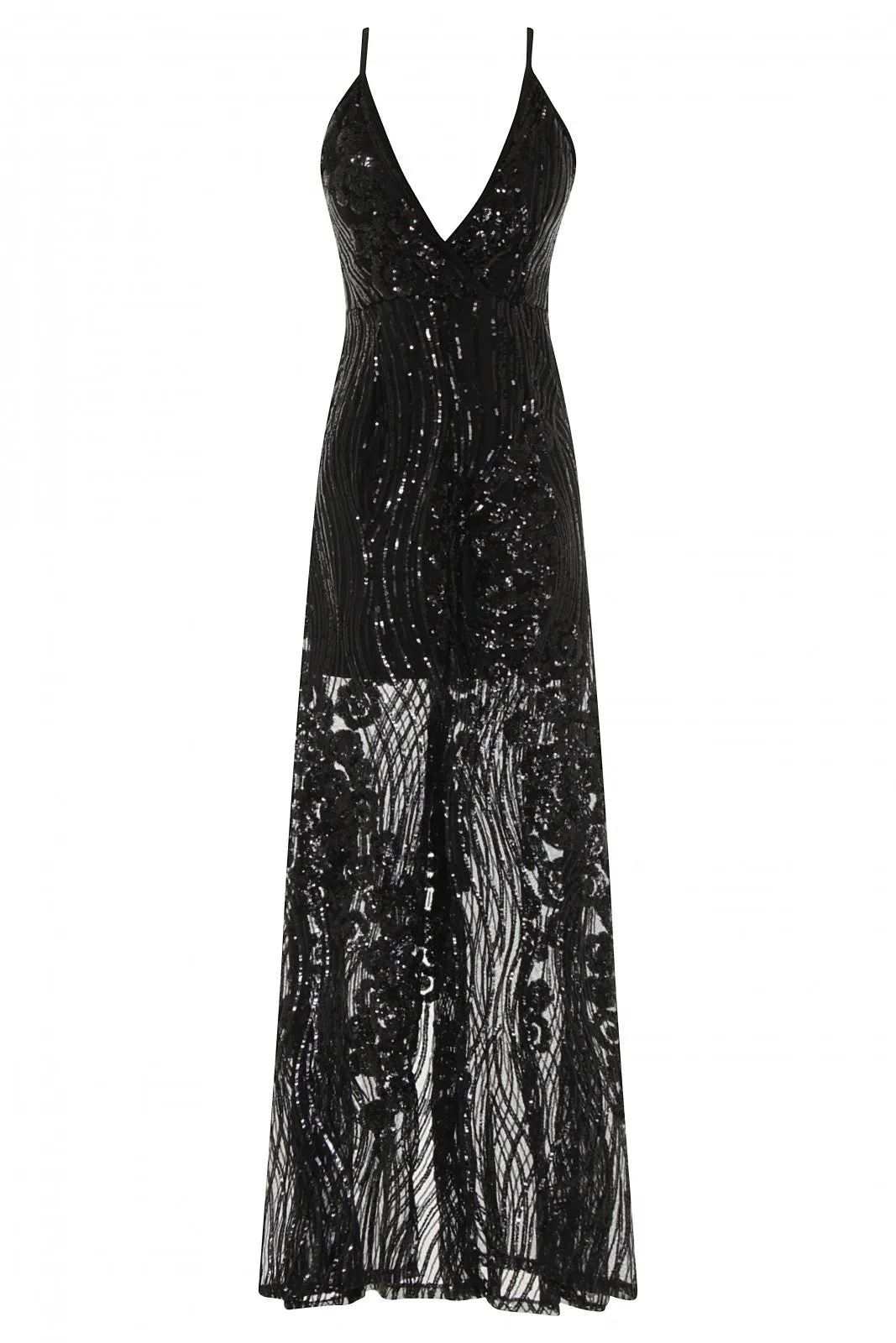 Amor Black Sheer Shimmer Floral Sequin Slit Maxi Dress