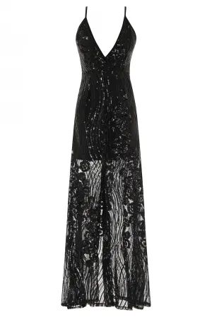 Amor Black Sheer Shimmer Floral Sequin Slit Maxi Dress