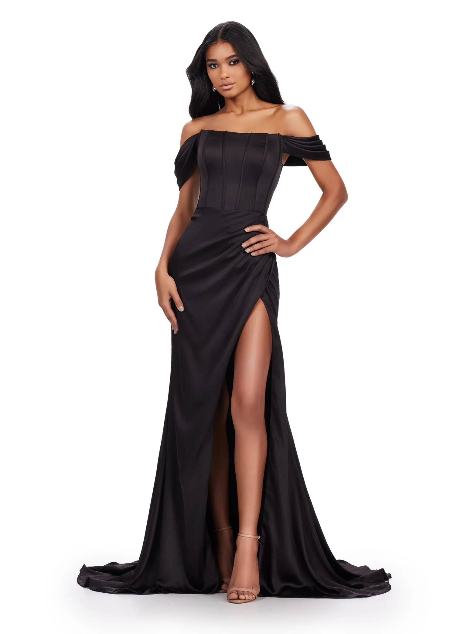 Ashley Lauren 11575 Long Prom Dress Corset Off Shoulder Satin Slit Ruched Hip Formal Pageant Gown