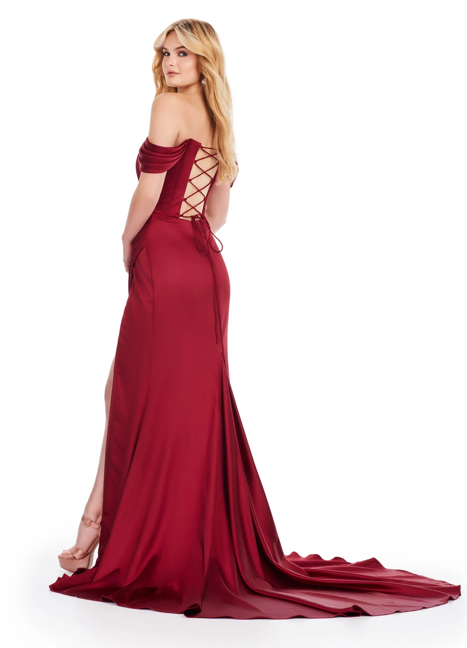 Ashley Lauren 11575 Long Prom Dress Corset Off Shoulder Satin Slit Ruched Hip Formal Pageant Gown