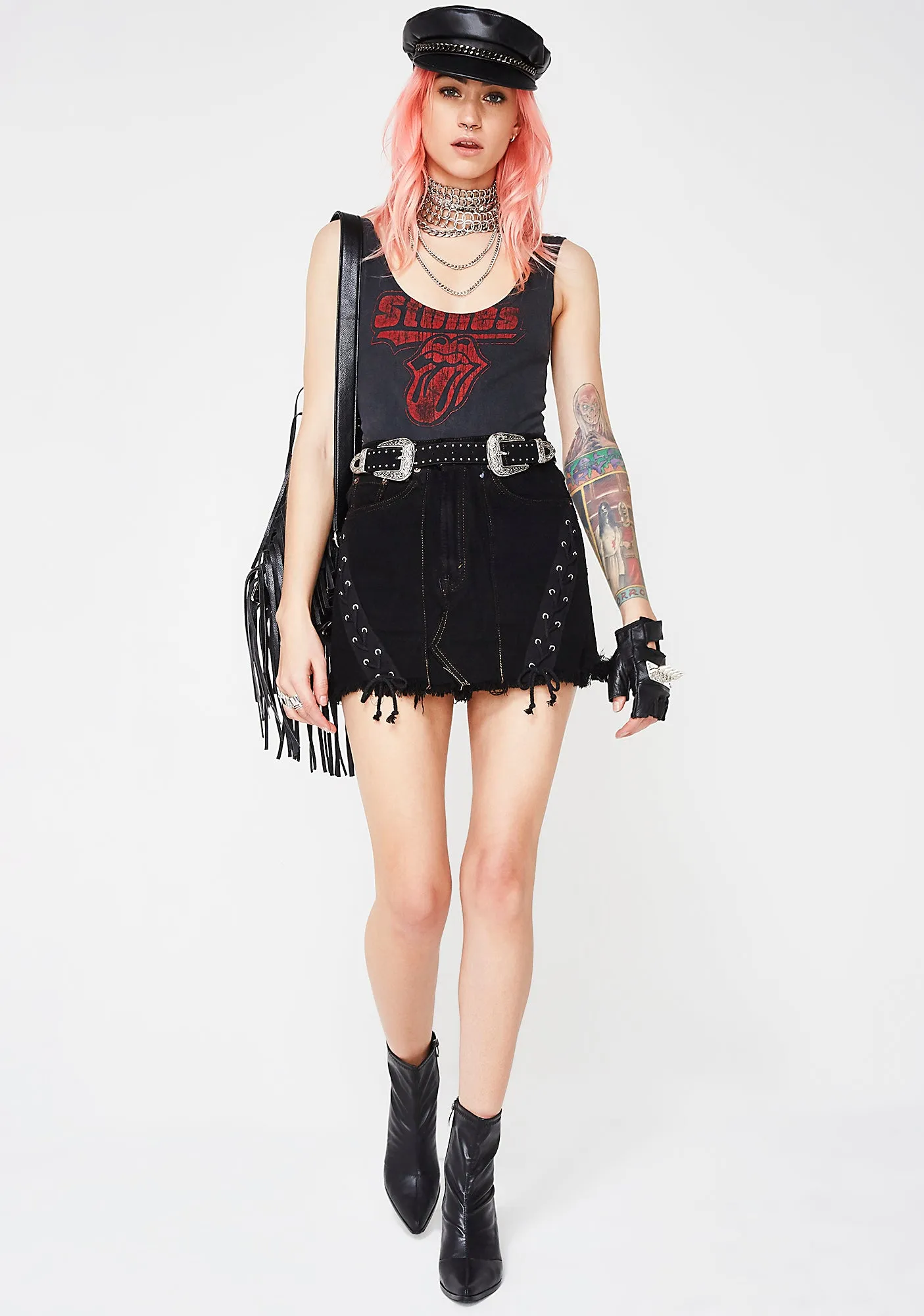 Black Lace-Up Denim Skirt