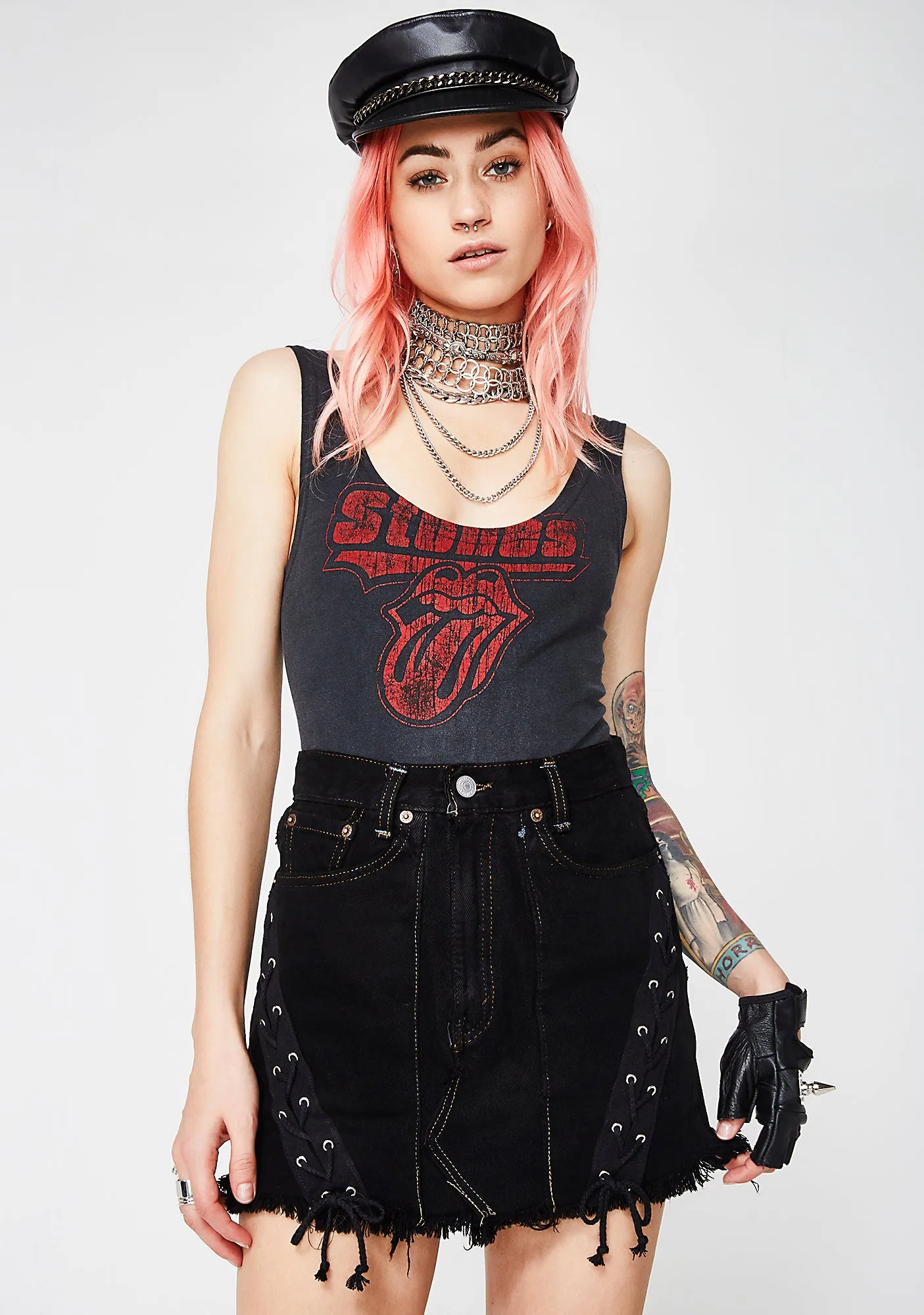 Black Lace-Up Denim Skirt