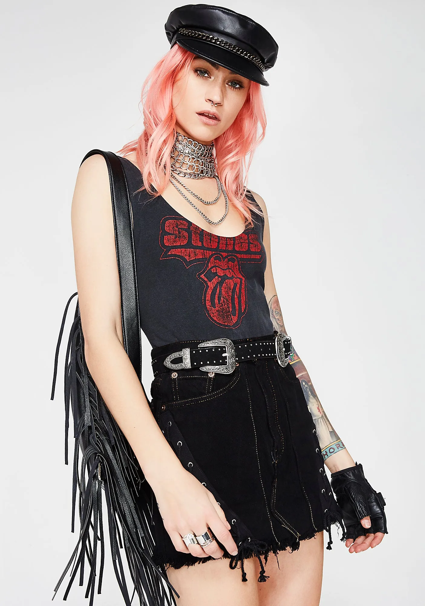 Black Lace-Up Denim Skirt