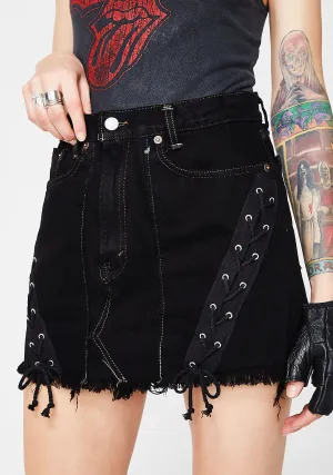 Black Lace-Up Denim Skirt