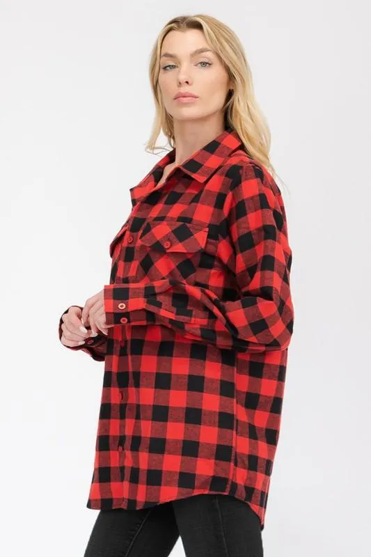 Boyfriend Fit Shirts Checker Plaid Flannel Long Sleeve