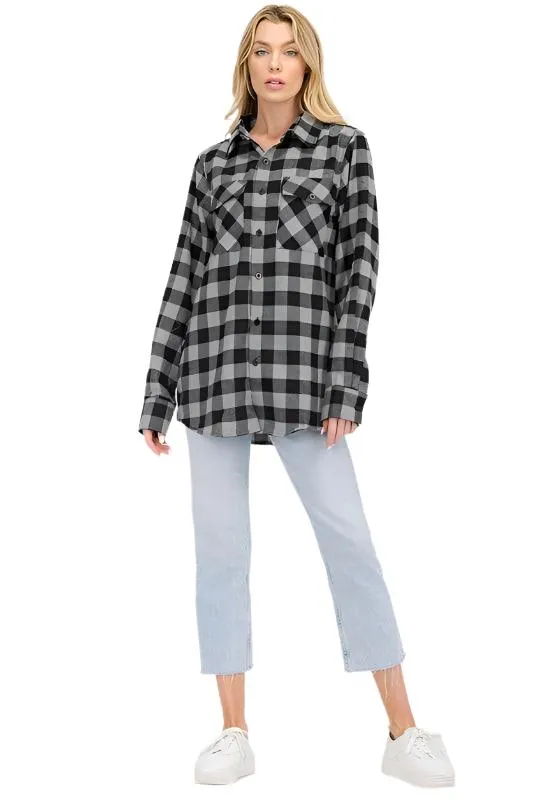 Boyfriend Fit Shirts Checker Plaid Flannel Long Sleeve