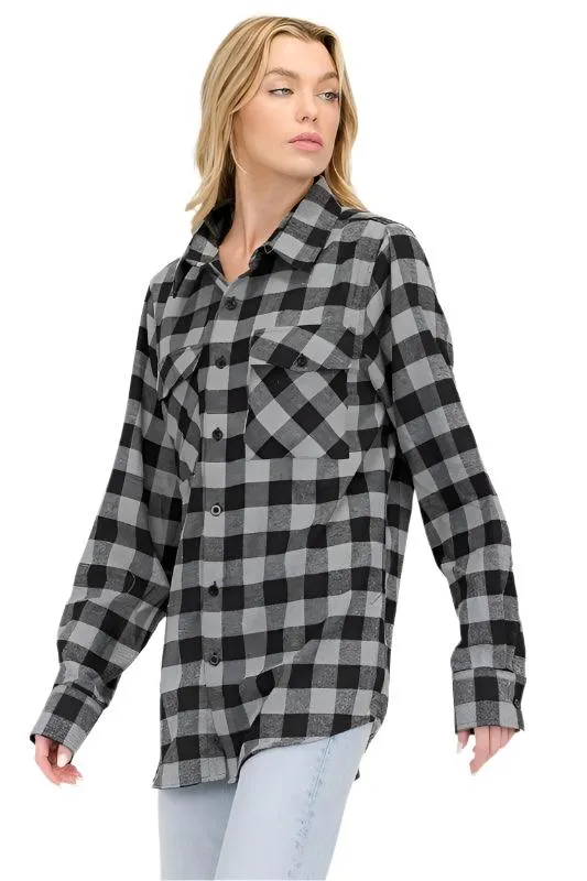 Boyfriend Fit Shirts Checker Plaid Flannel Long Sleeve