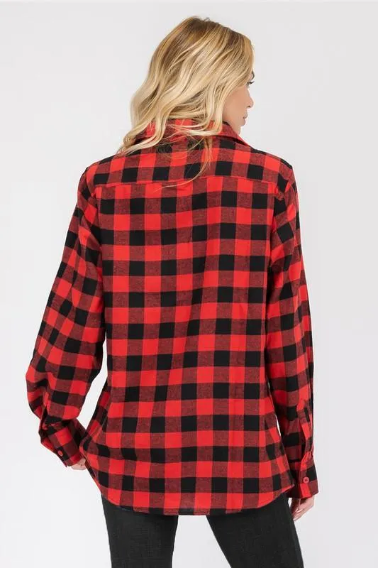 Boyfriend Fit Shirts Checker Plaid Flannel Long Sleeve