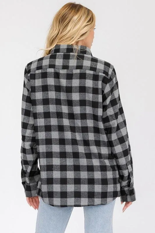Boyfriend Fit Shirts Checker Plaid Flannel Long Sleeve