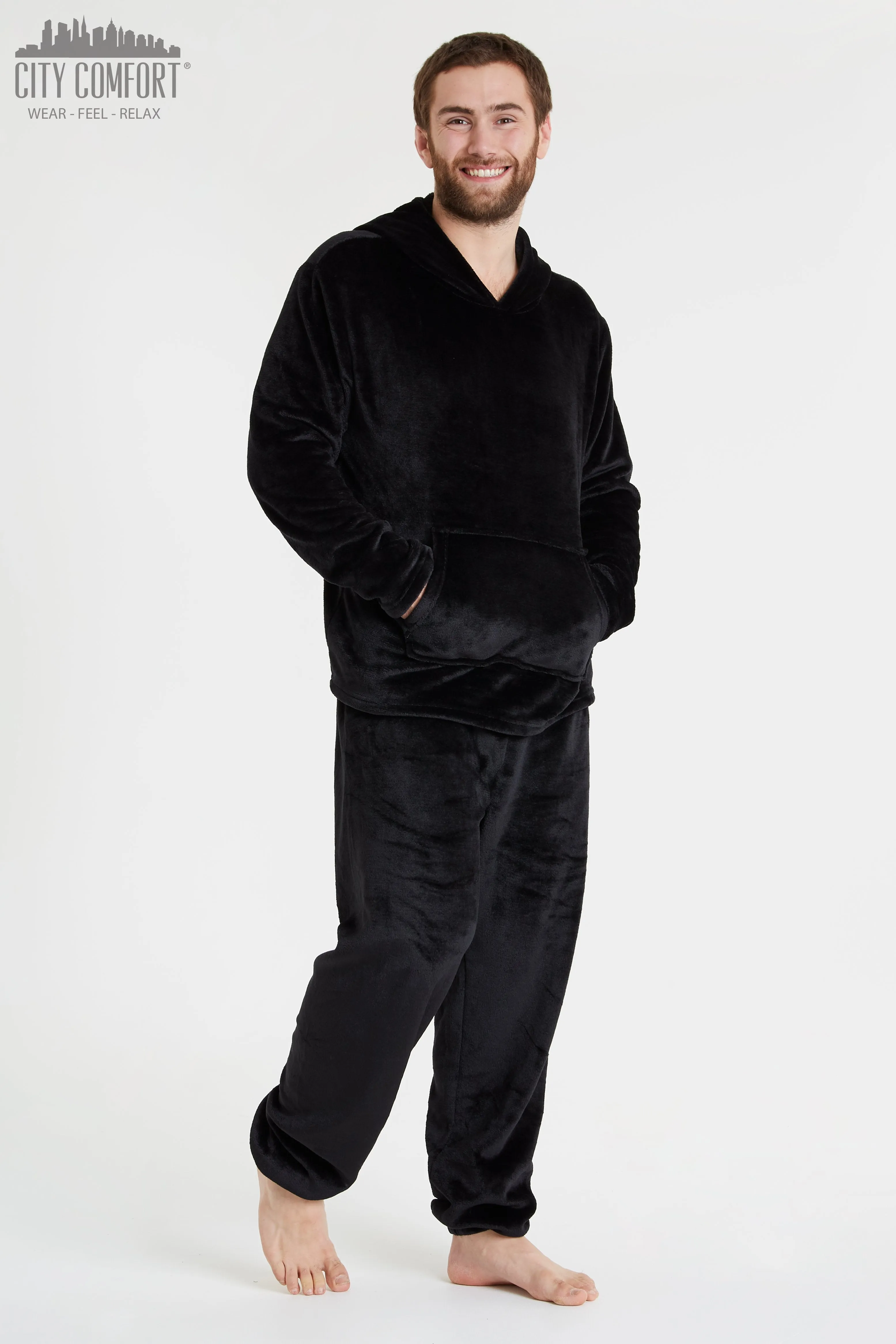 CityComfort Mens Pyjamas Set, Warm Fleece Pyjamas for Men with Fluffy Hoodie