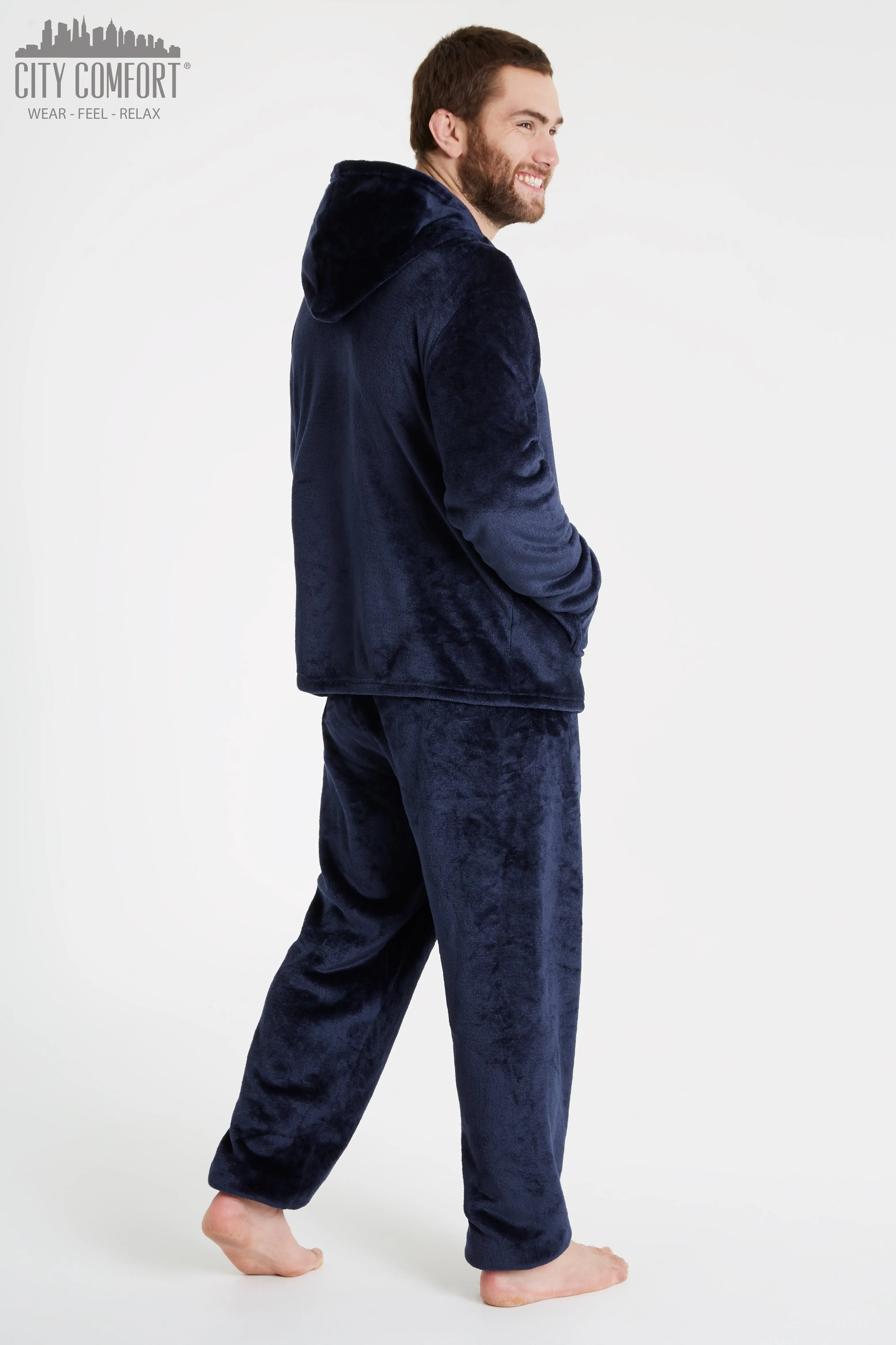 CityComfort Mens Pyjamas Set, Warm Fleece Pyjamas for Men with Fluffy Hoodie