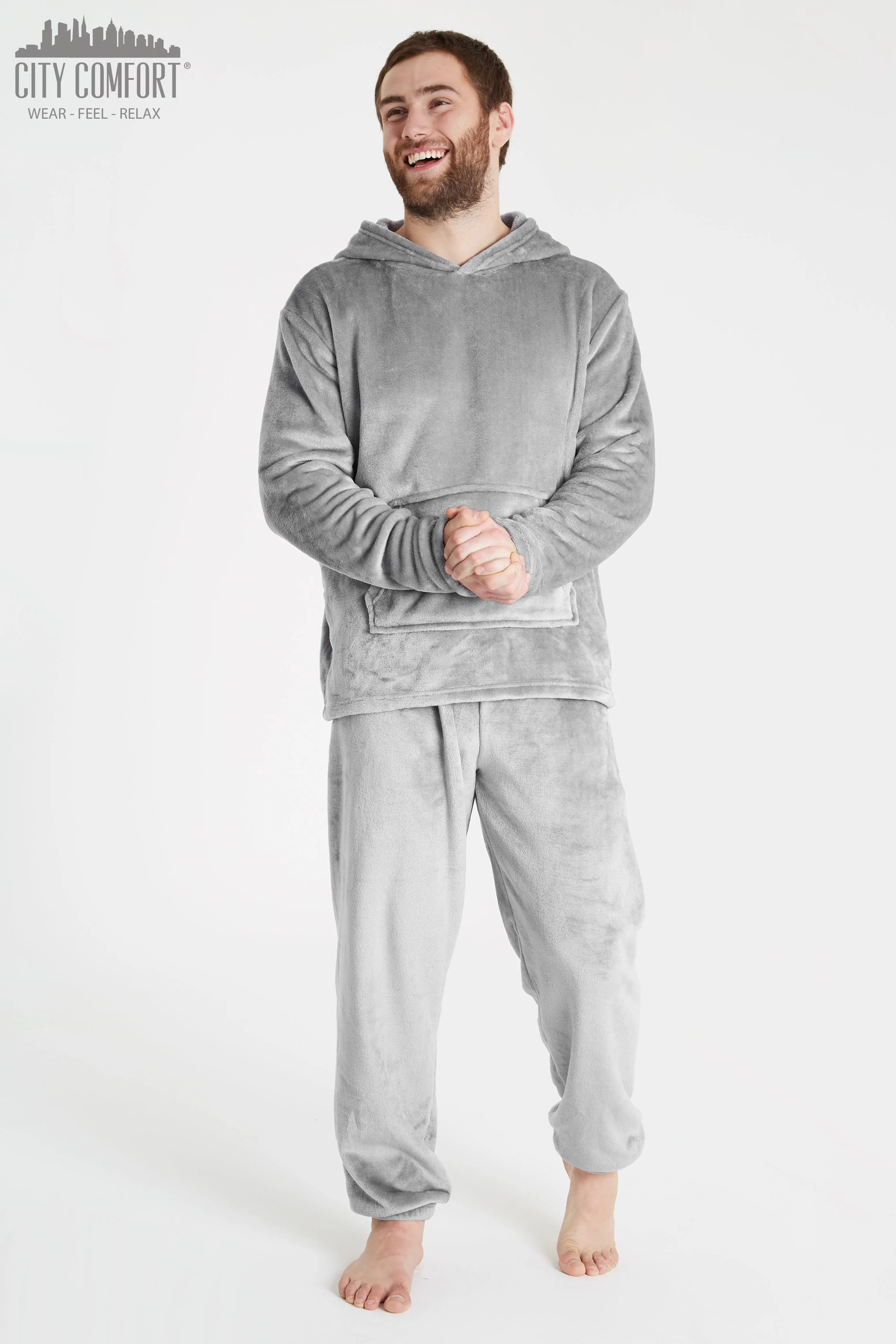 CityComfort Mens Pyjamas Set, Warm Fleece Pyjamas for Men with Fluffy Hoodie