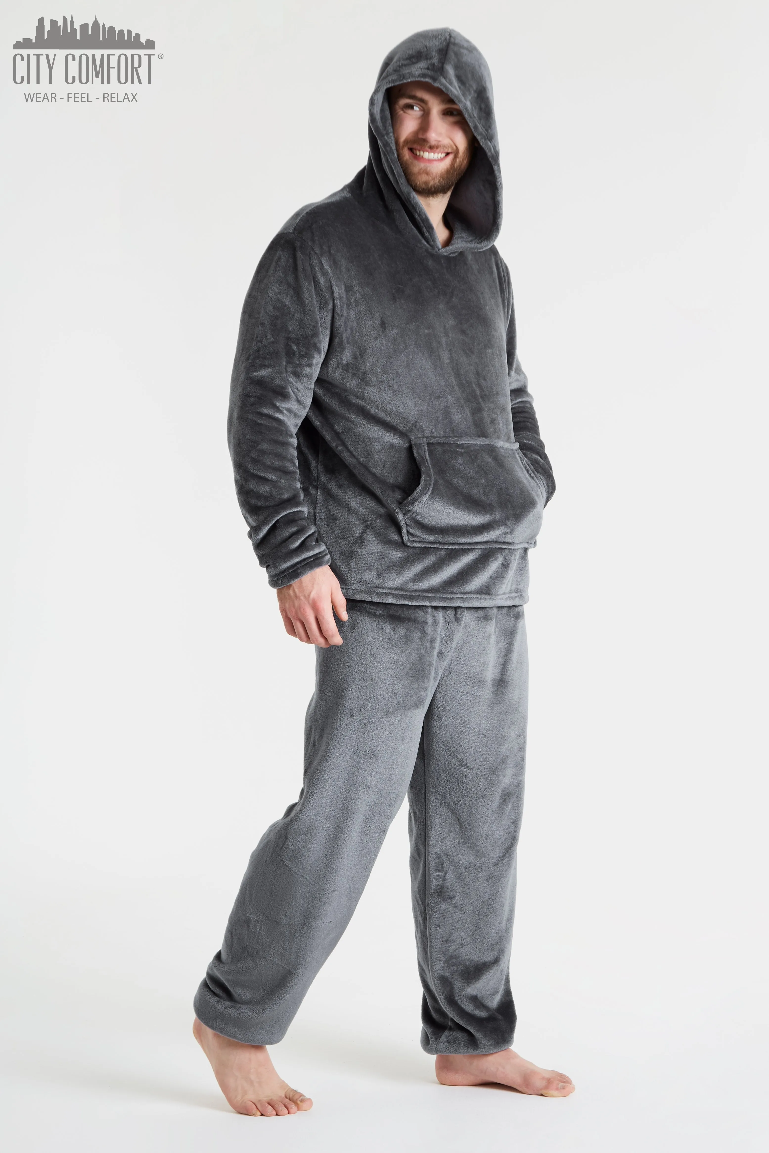 CityComfort Mens Pyjamas Set, Warm Fleece Pyjamas for Men with Fluffy Hoodie