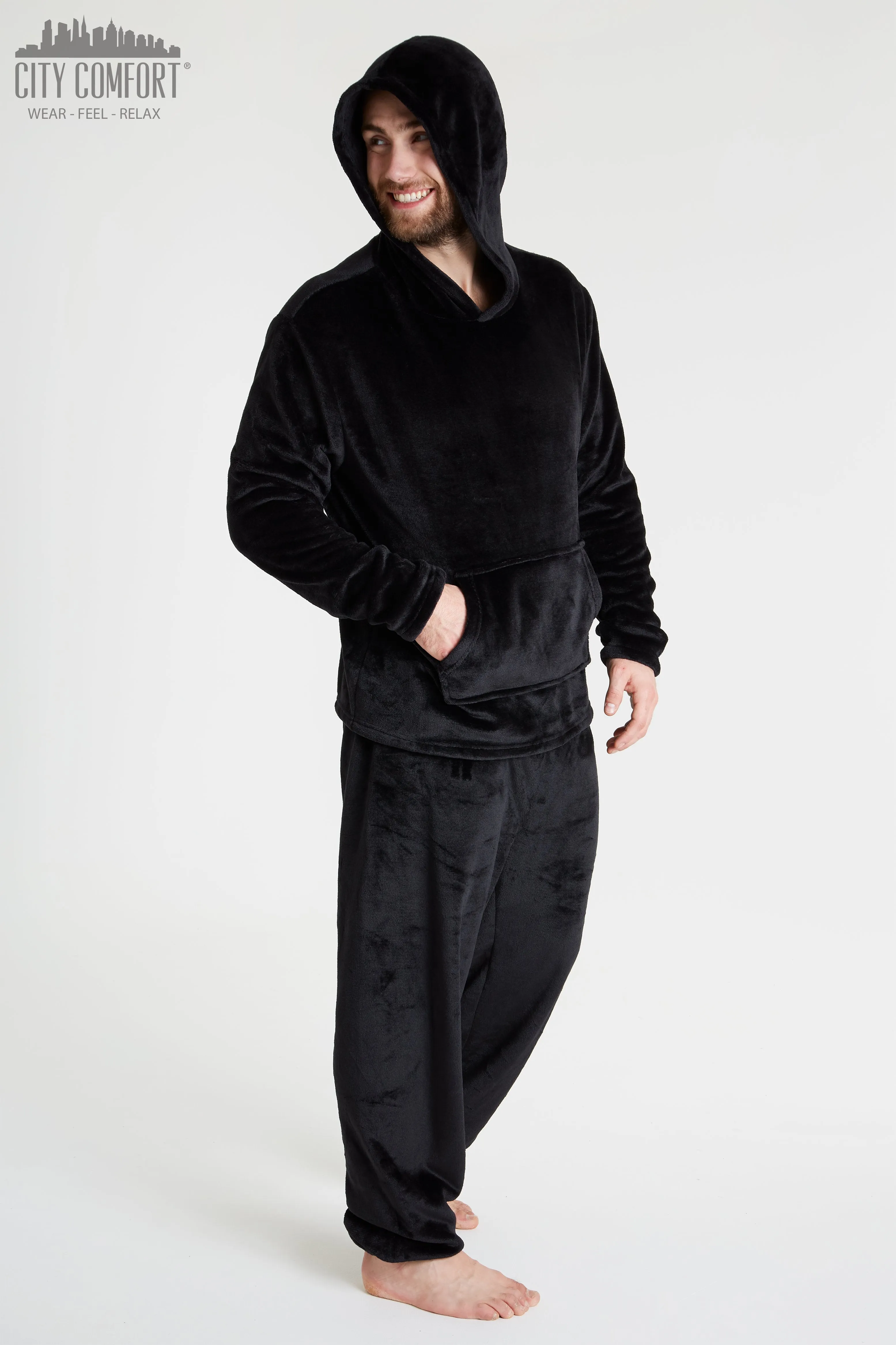 CityComfort Mens Pyjamas Set, Warm Fleece Pyjamas for Men with Fluffy Hoodie