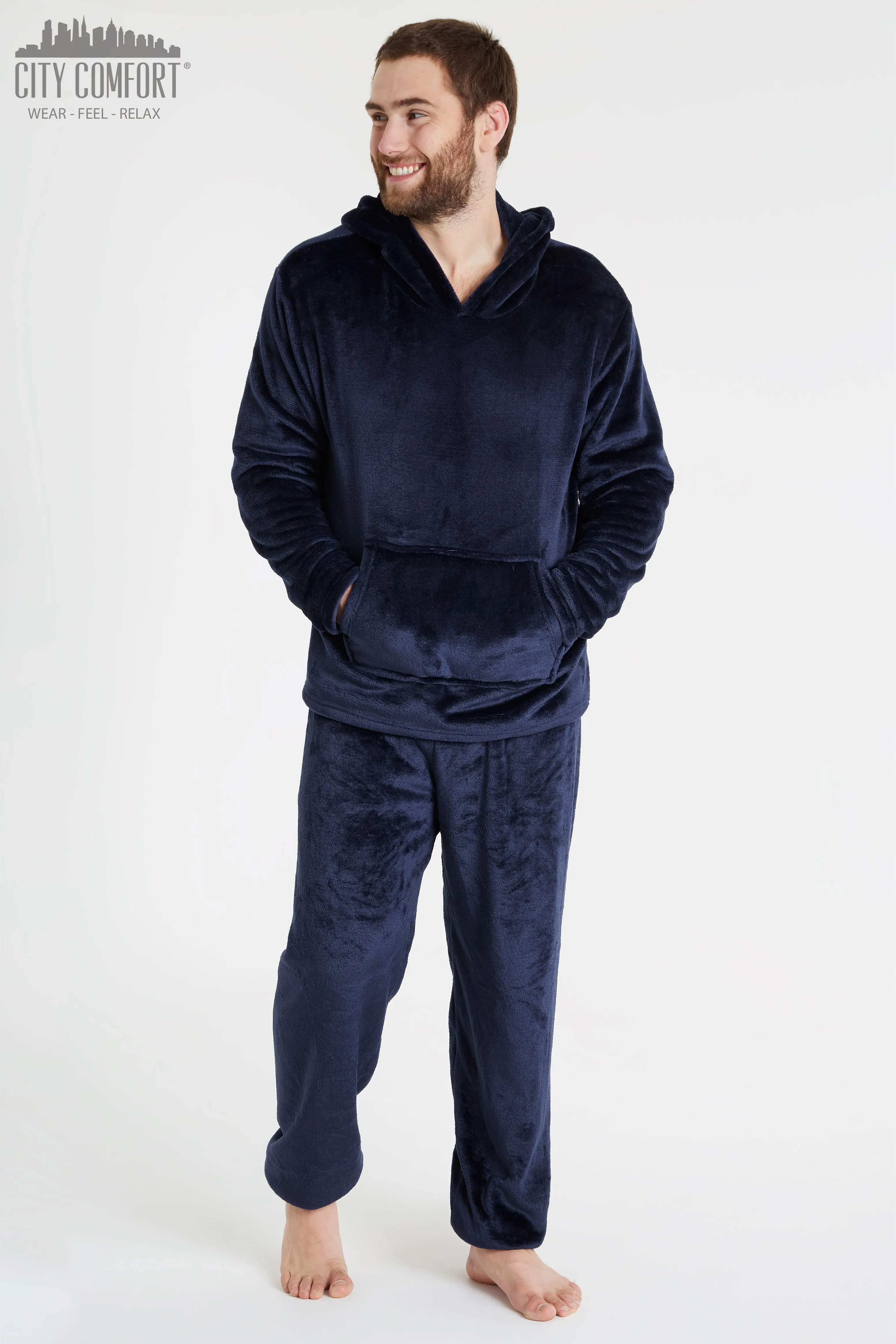 CityComfort Mens Pyjamas Set, Warm Fleece Pyjamas for Men with Fluffy Hoodie