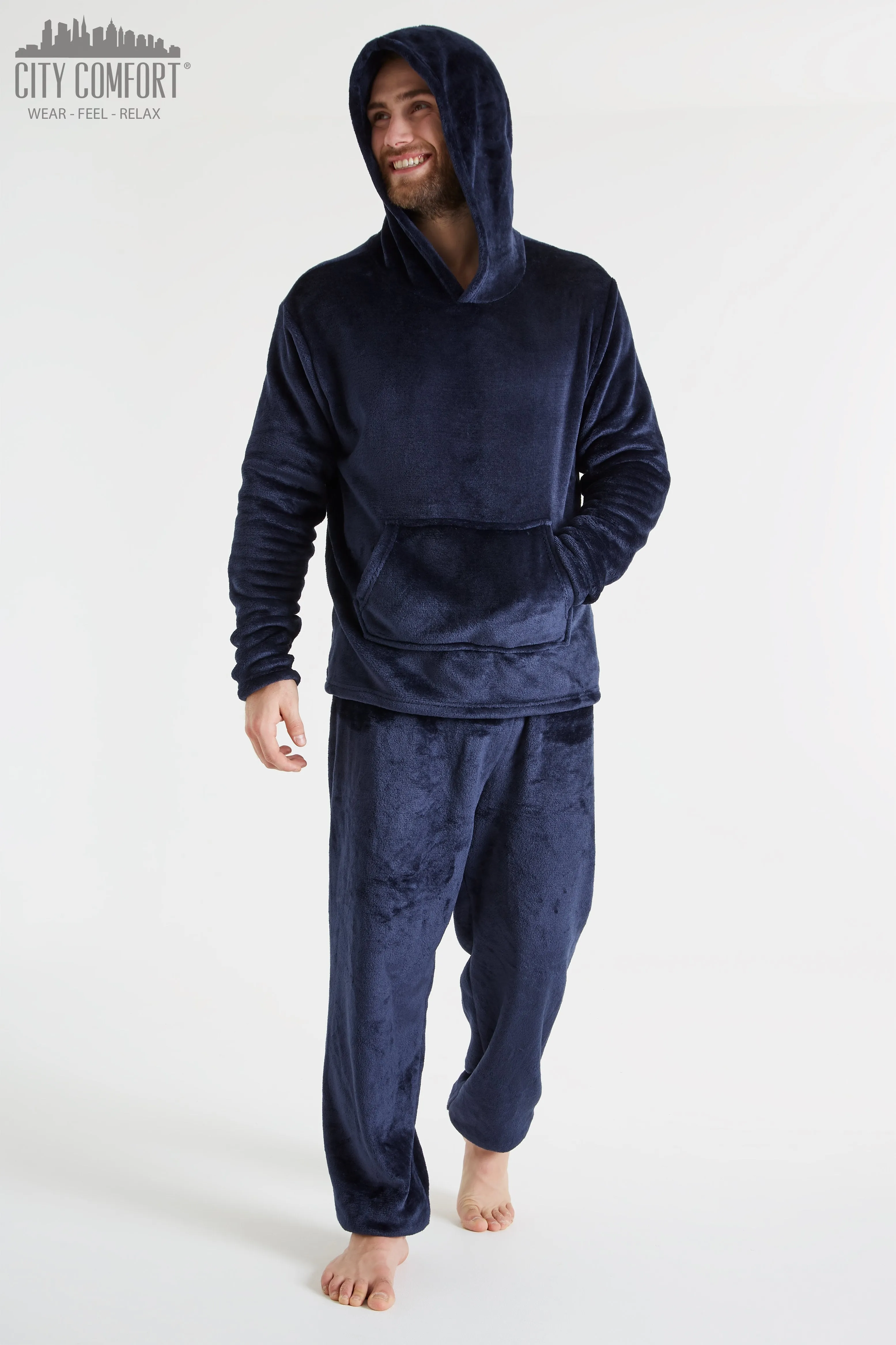 CityComfort Mens Pyjamas Set, Warm Fleece Pyjamas for Men with Fluffy Hoodie
