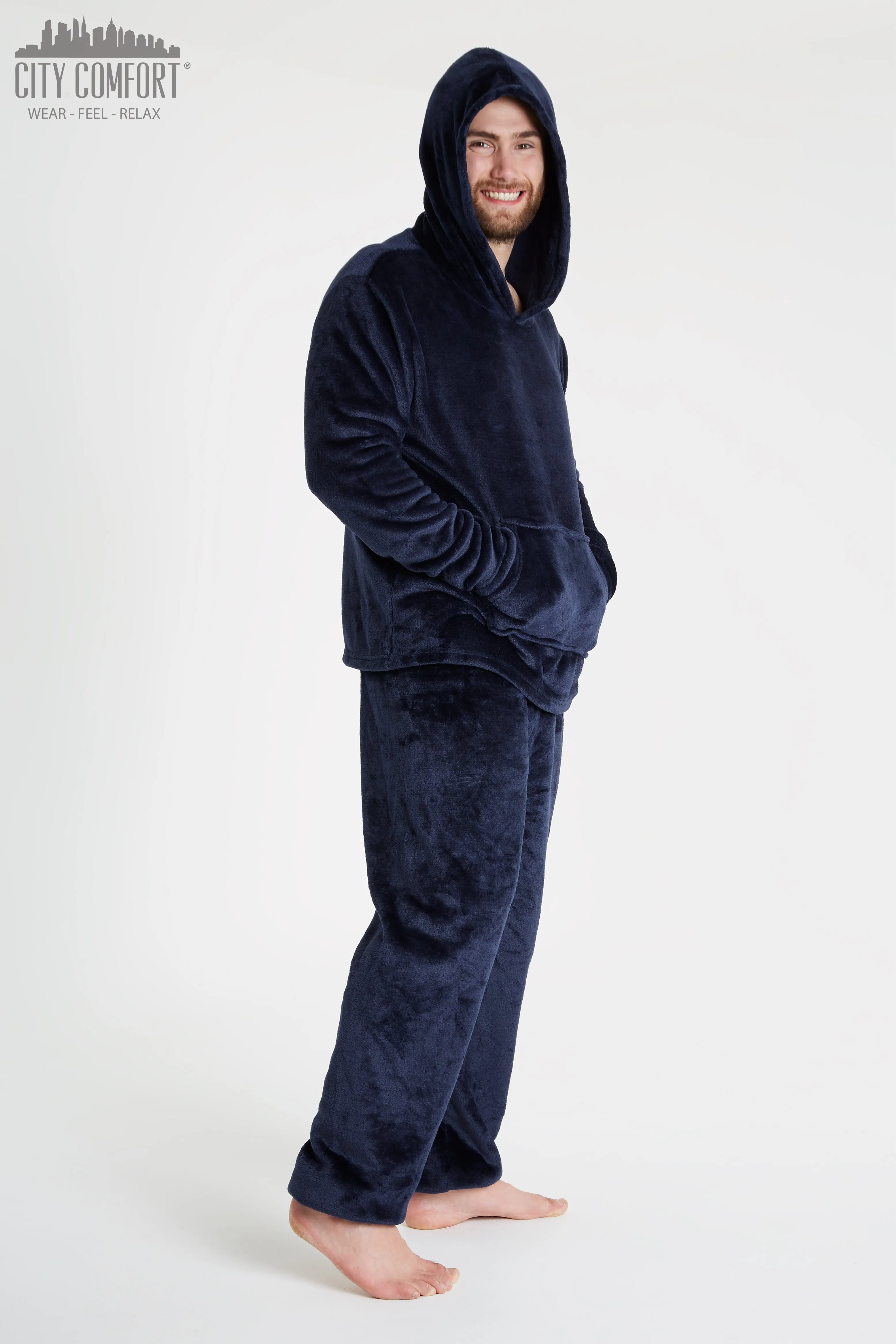 CityComfort Mens Pyjamas Set, Warm Fleece Pyjamas for Men with Fluffy Hoodie