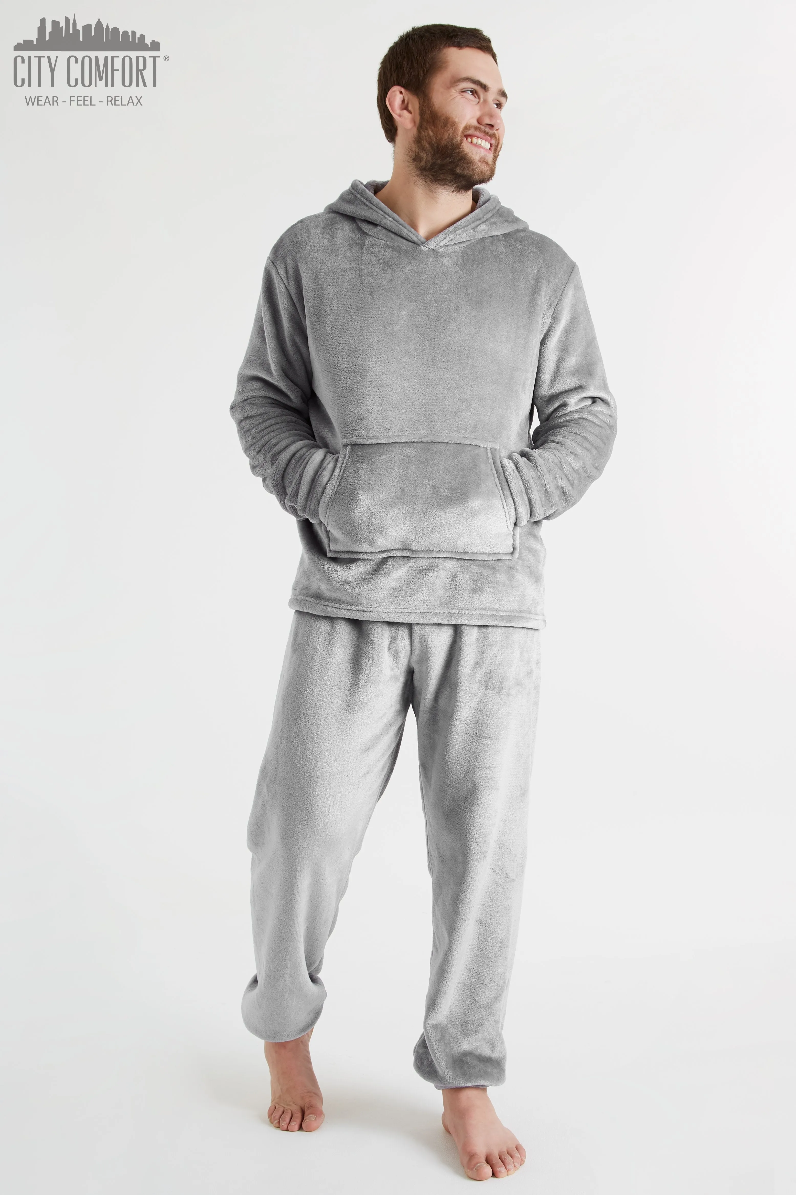 CityComfort Mens Pyjamas Set, Warm Fleece Pyjamas for Men with Fluffy Hoodie