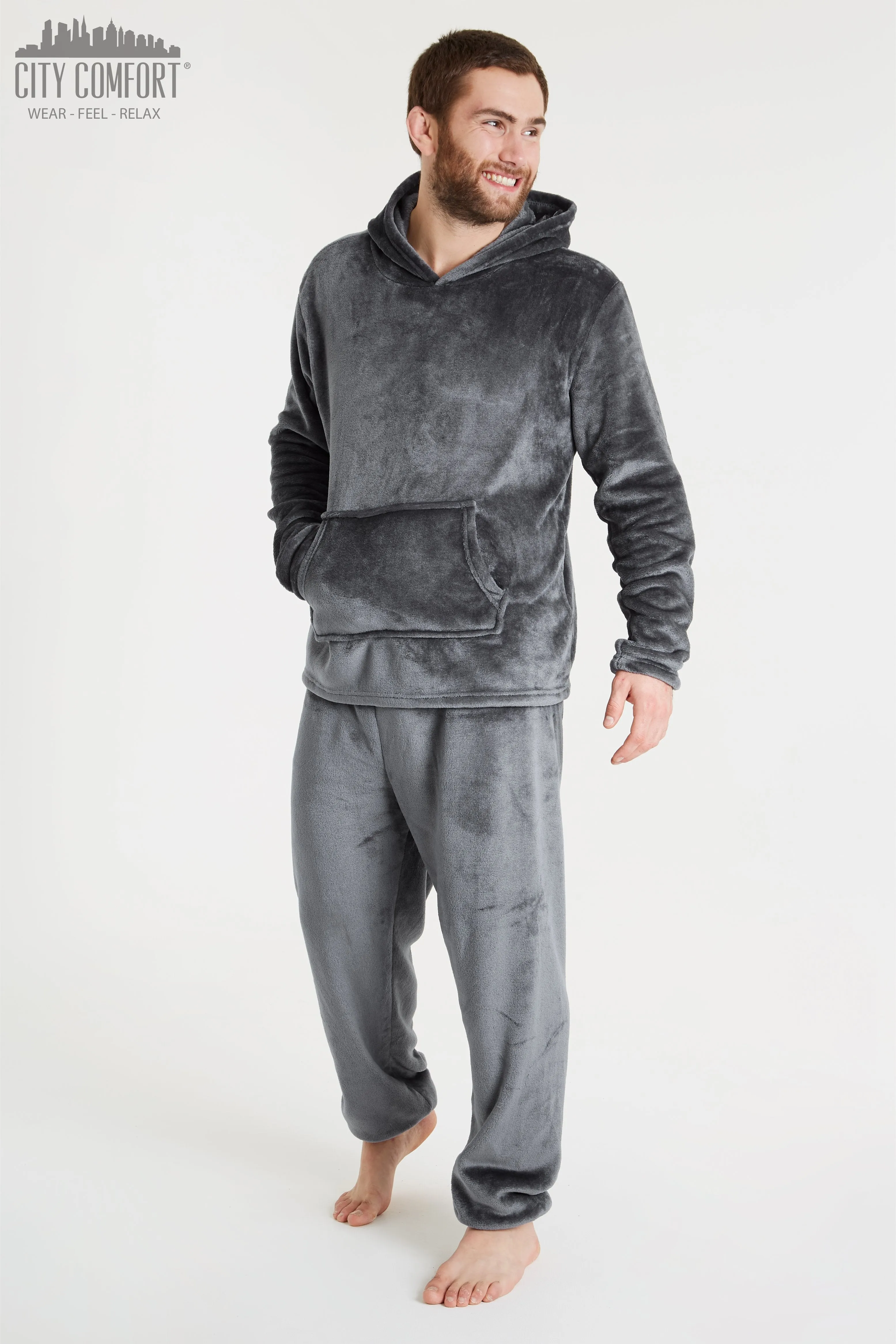 CityComfort Mens Pyjamas Set, Warm Fleece Pyjamas for Men with Fluffy Hoodie