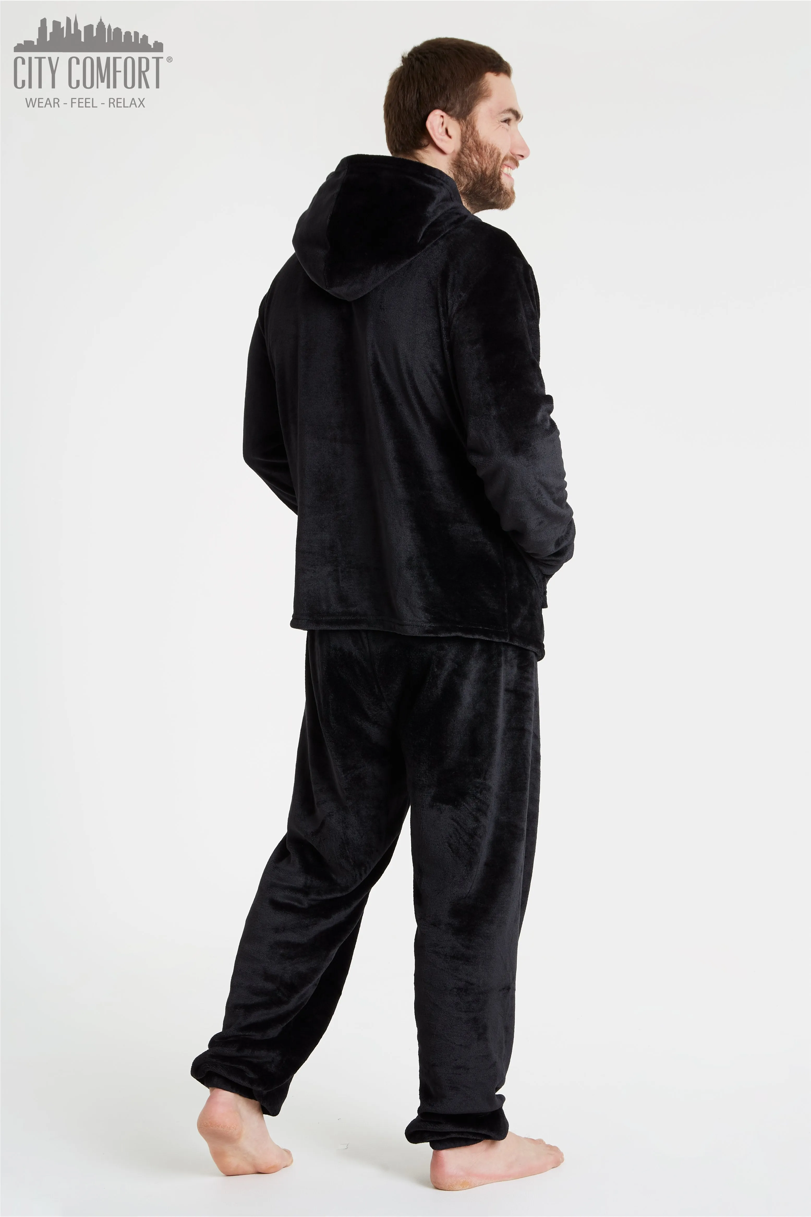 CityComfort Mens Pyjamas Set, Warm Fleece Pyjamas for Men with Fluffy Hoodie