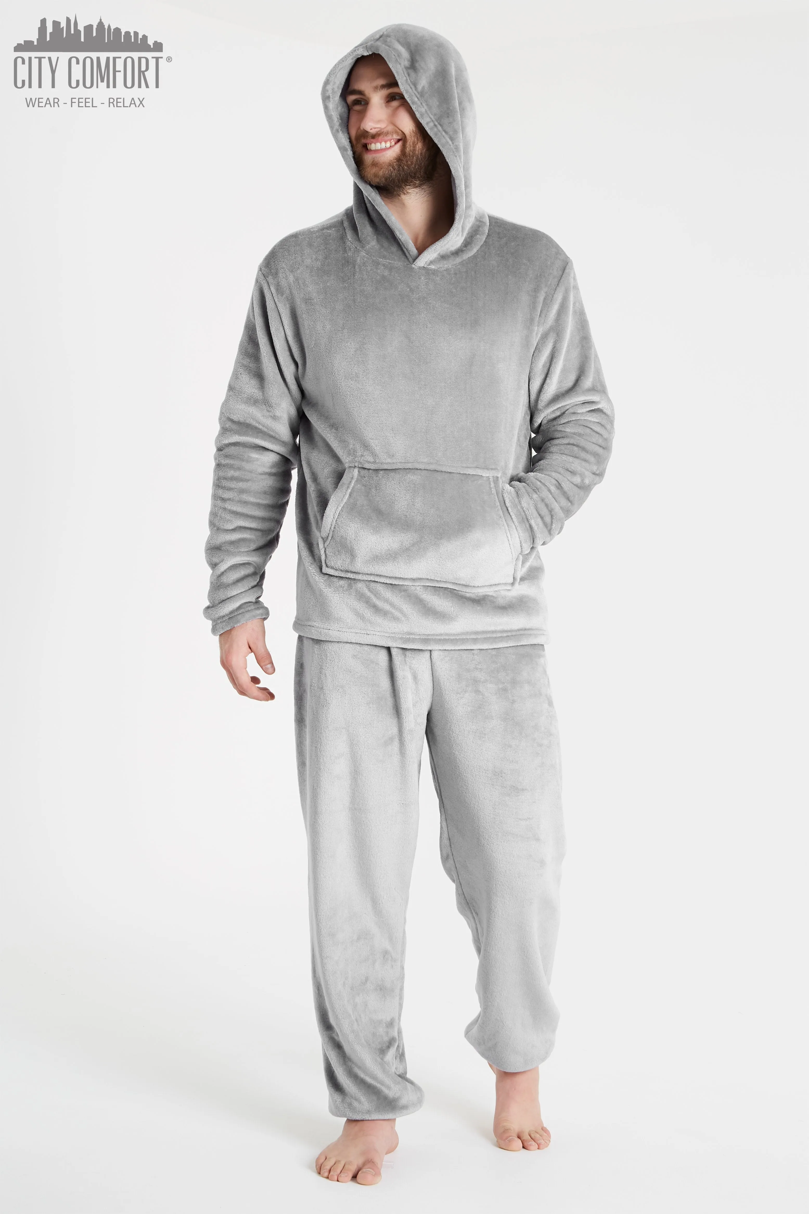 CityComfort Mens Pyjamas Set, Warm Fleece Pyjamas for Men with Fluffy Hoodie