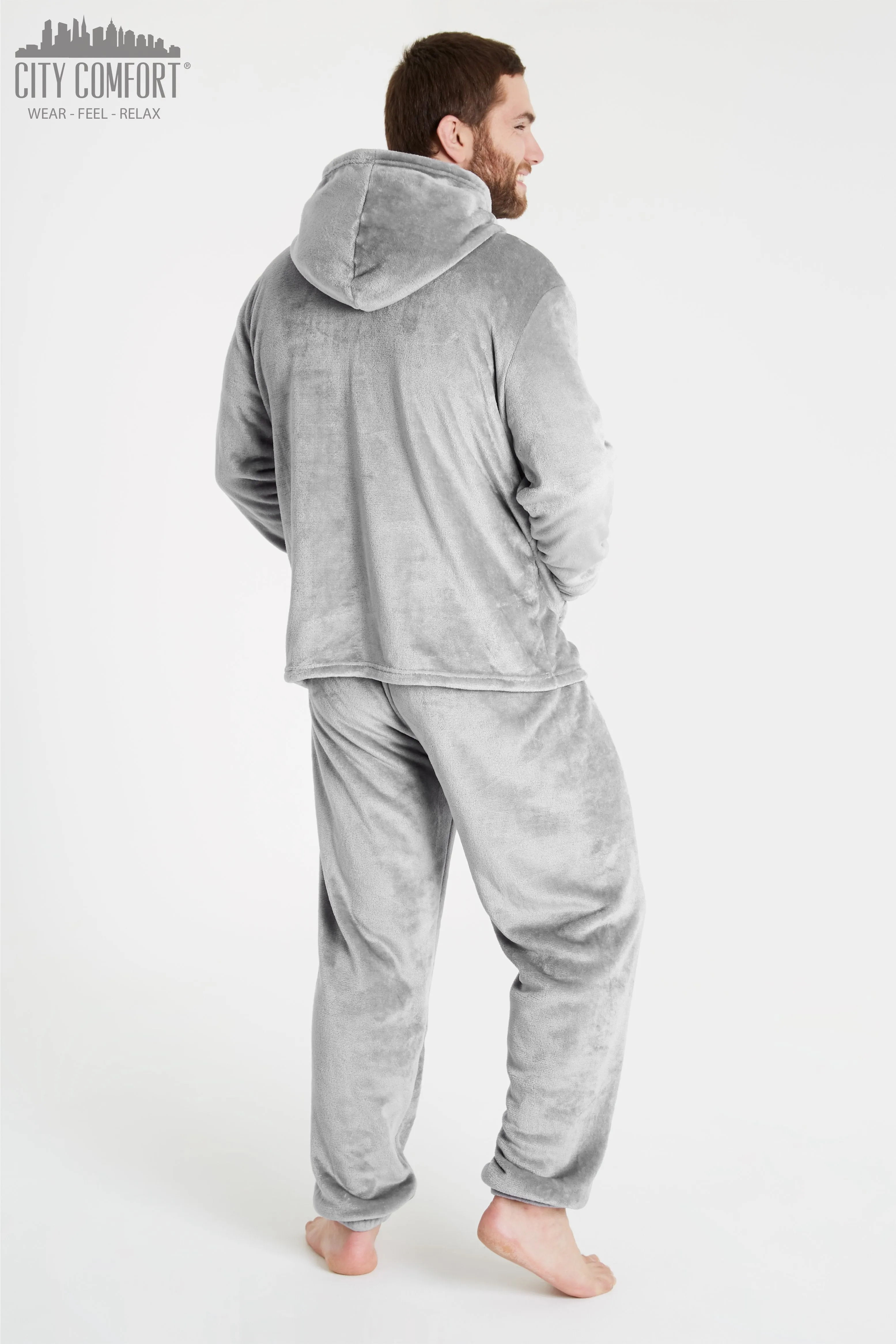 CityComfort Mens Pyjamas Set, Warm Fleece Pyjamas for Men with Fluffy Hoodie