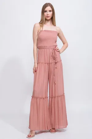 Clay Woven Solid Sleeveless Smocked Ruffle Jumpsuit