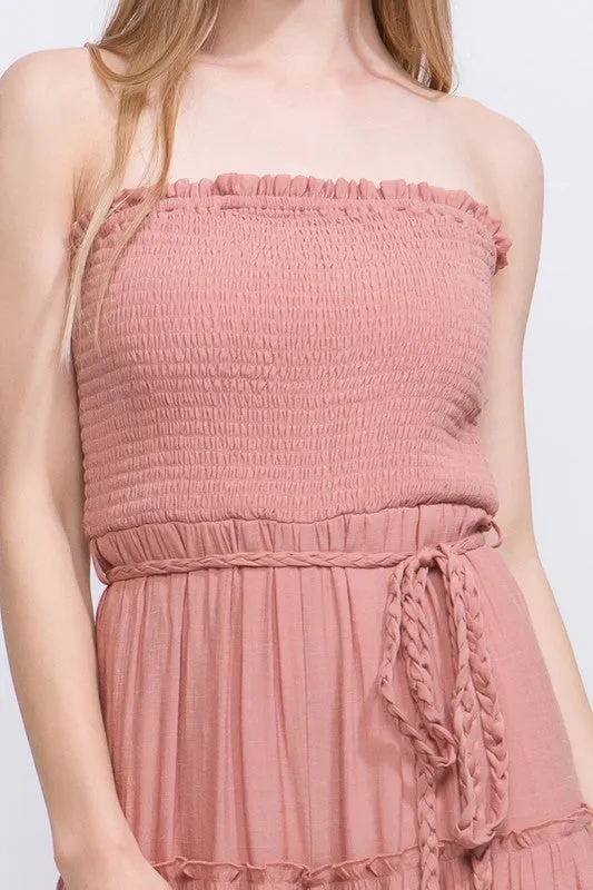 Clay Woven Solid Sleeveless Smocked Ruffle Jumpsuit