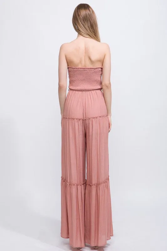 Clay Woven Solid Sleeveless Smocked Ruffle Jumpsuit
