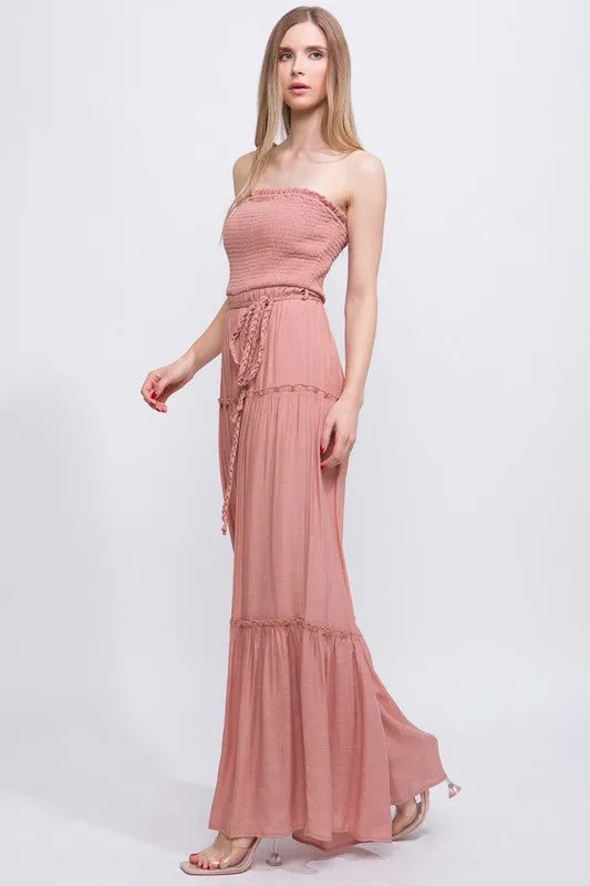 Clay Woven Solid Sleeveless Smocked Ruffle Jumpsuit