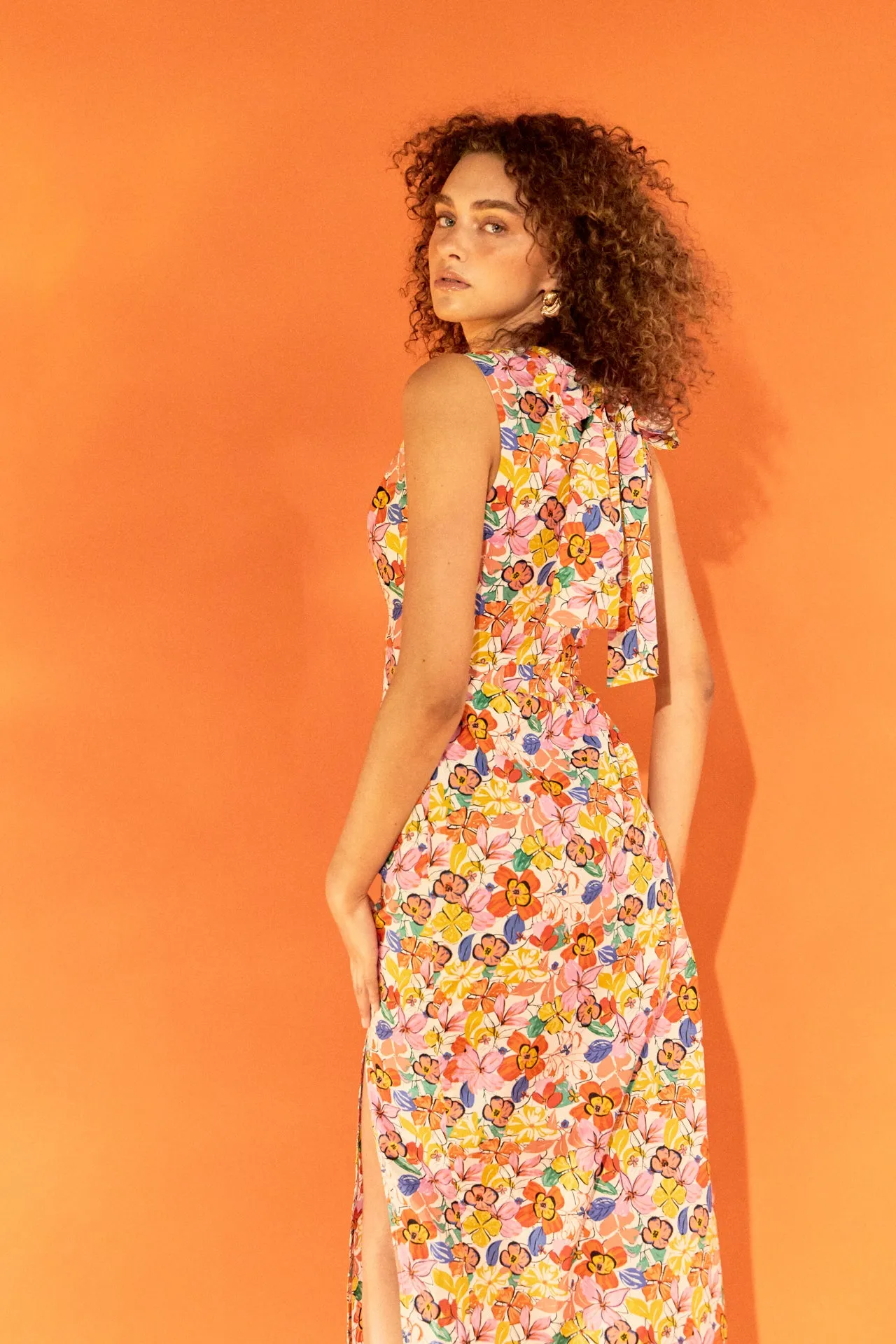 Cotton Floral Print Cutout Maxi Dress