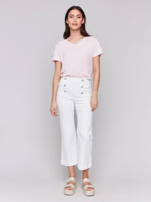 Cropped Pull-On Flare Jeans with Front Buttons - White
