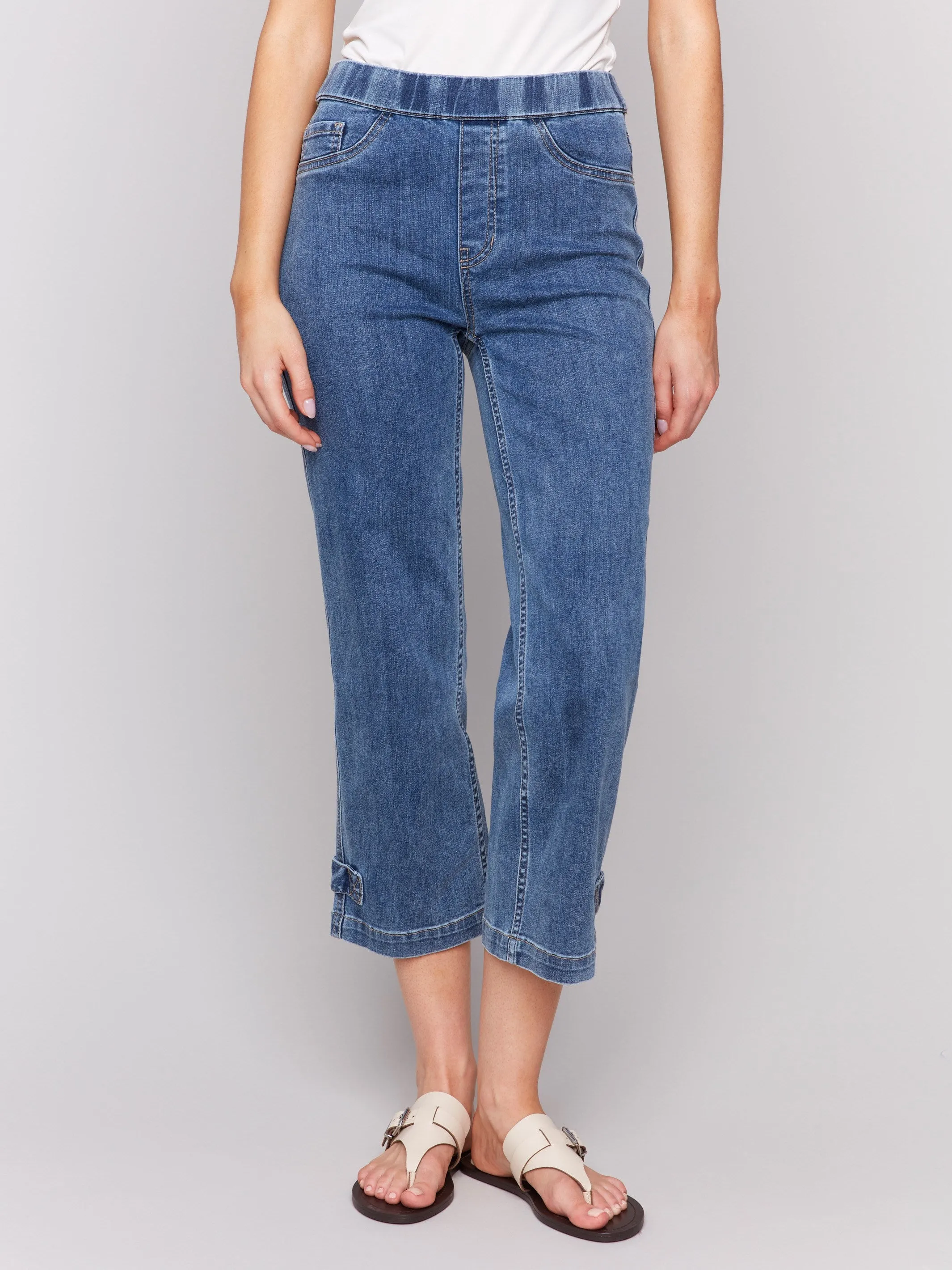 Cropped Pull-On Jeans with Hem Tab - Medium Blue