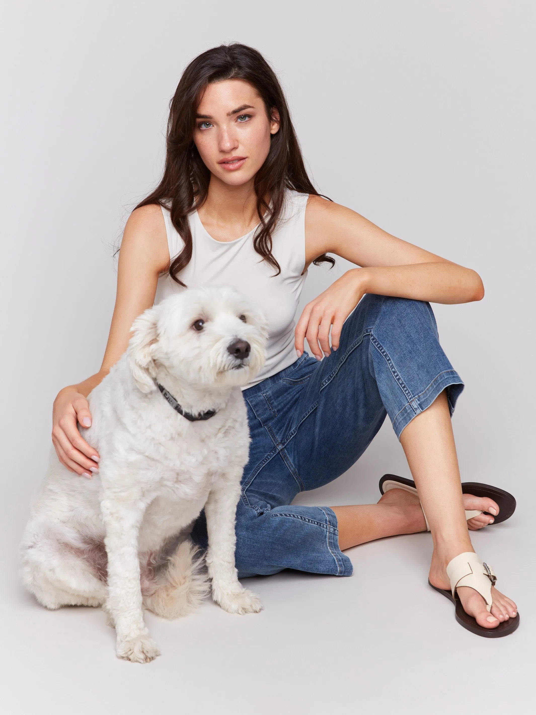 Cropped Pull-On Jeans with Hem Tab - Medium Blue