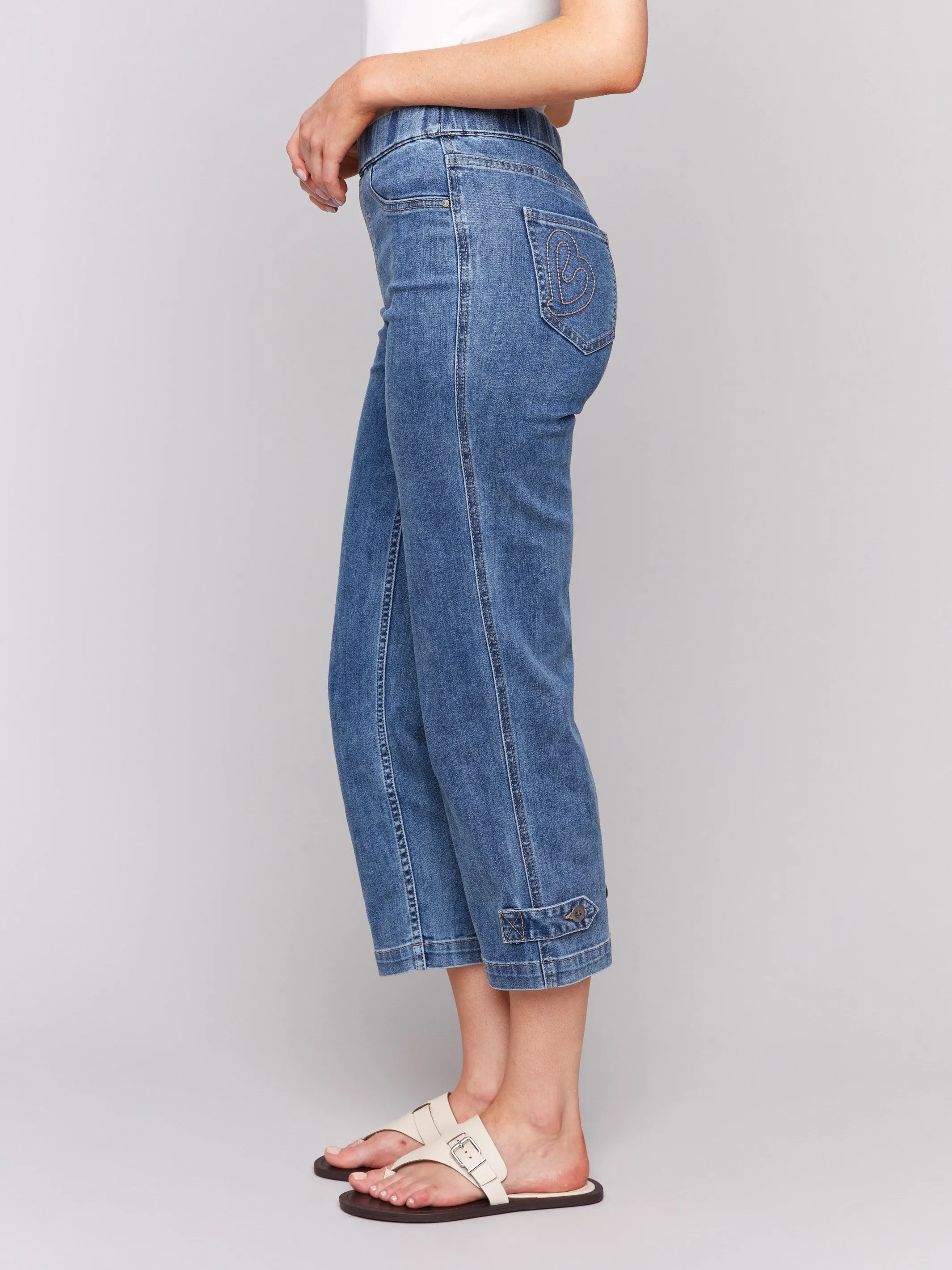 Cropped Pull-On Jeans with Hem Tab - Medium Blue