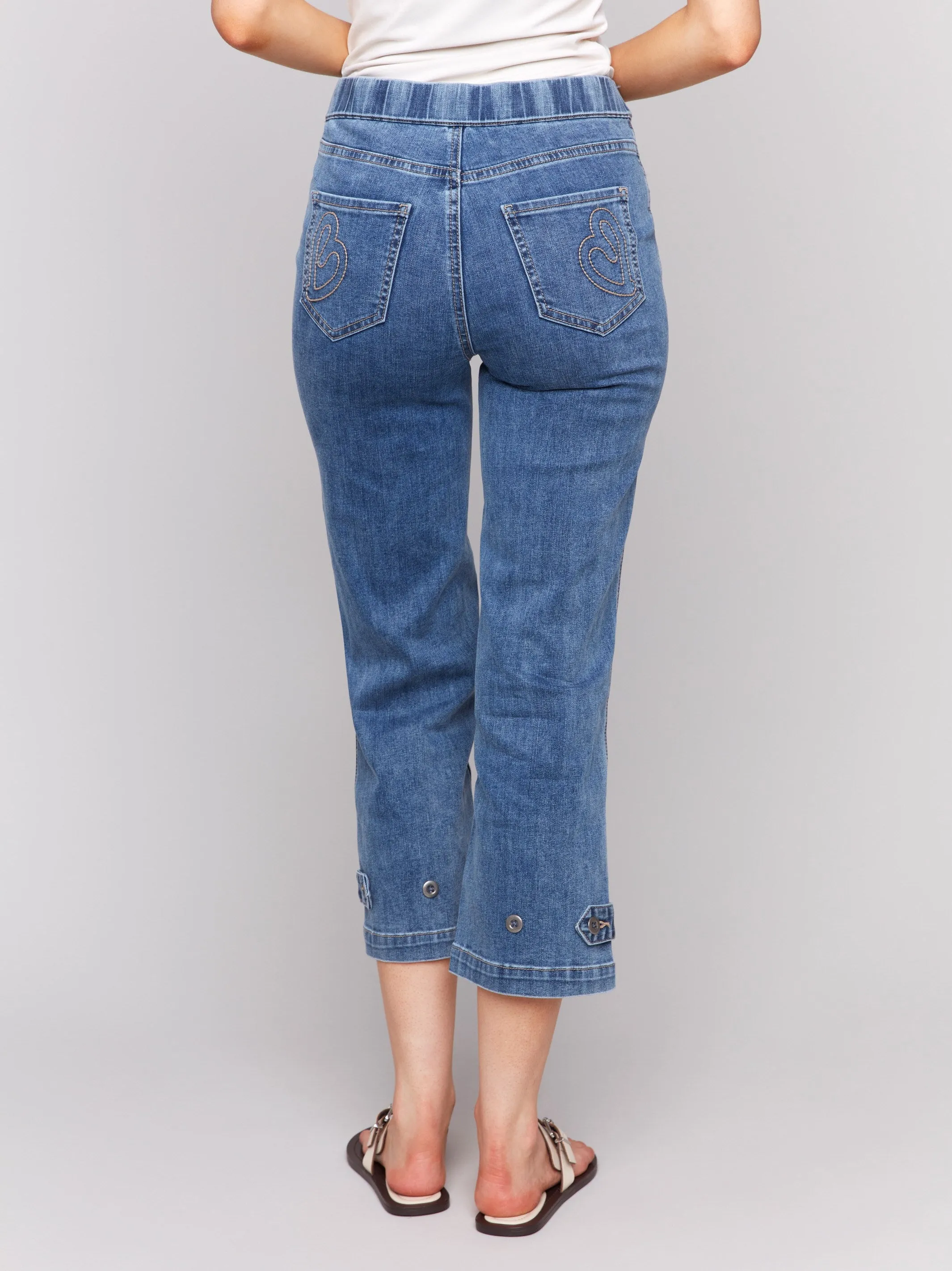 Cropped Pull-On Jeans with Hem Tab - Medium Blue